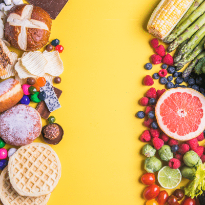 The best and worst foods for teeth 6 Healthy food and junk food, representing best and worst foods for teeth